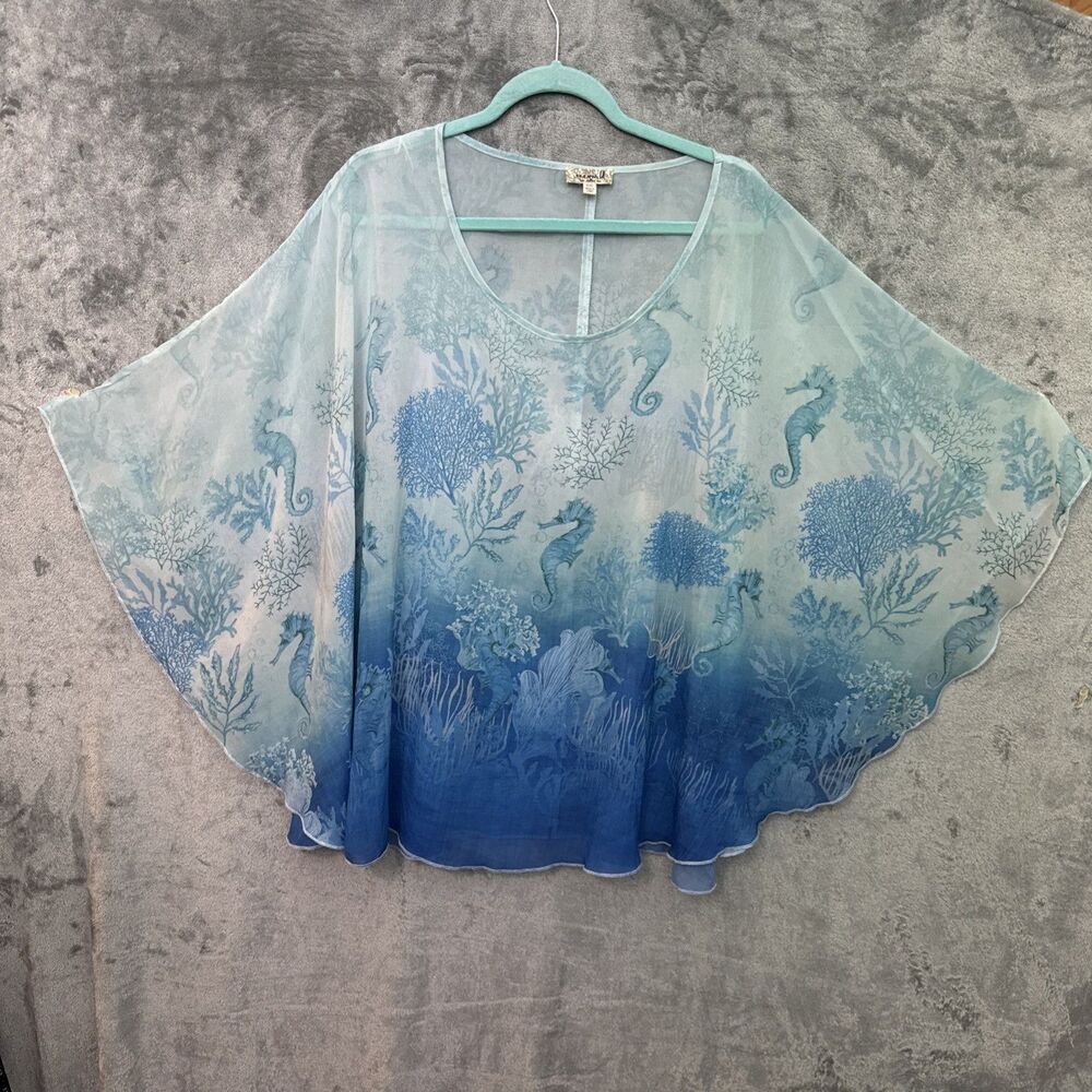 One World Poncho 2XL blue seahorse beach lightweight pullover